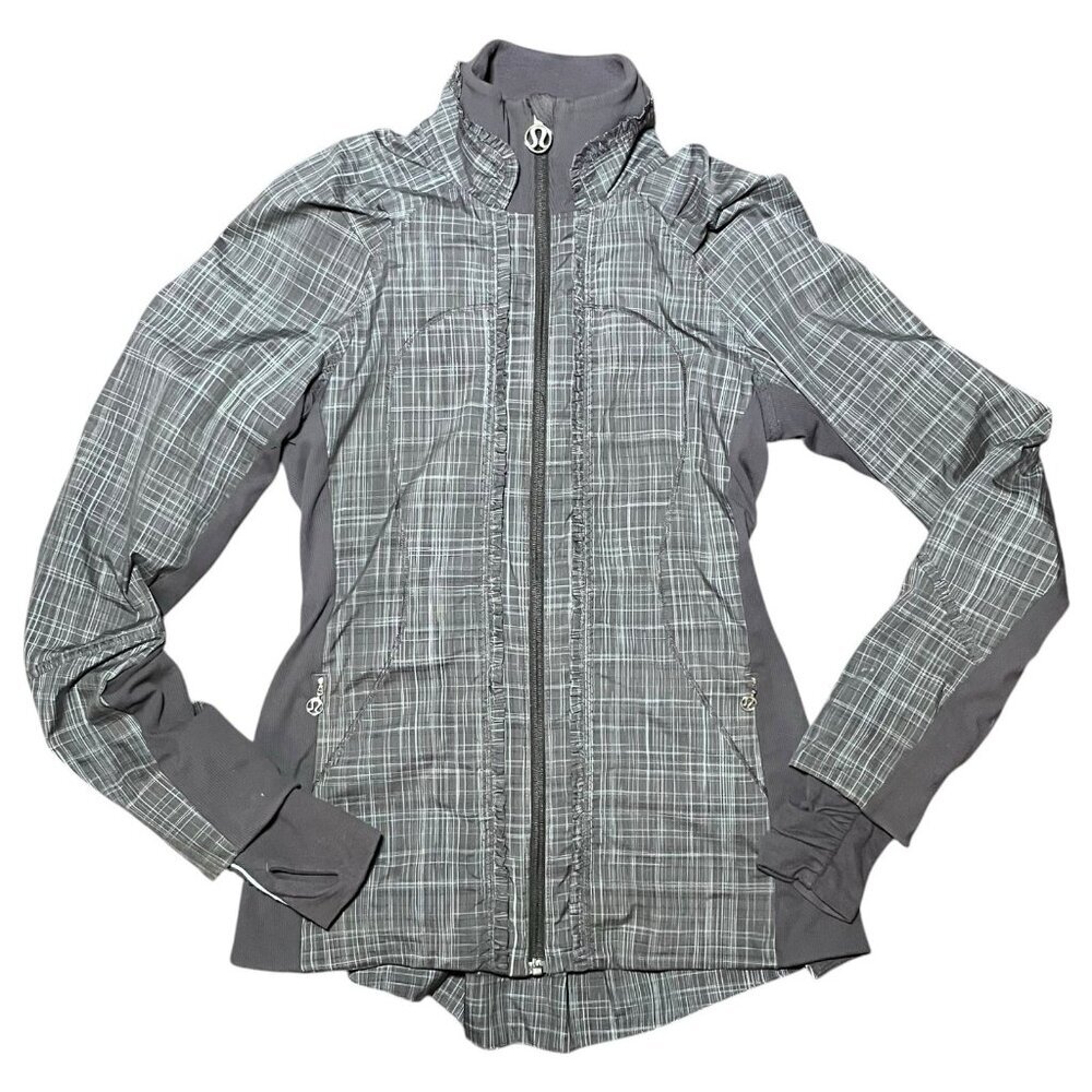 Lululemon Jacket Womens‎ Sz 4 Gray Plaid Ruffle Pockets Logo Ahead Of The Curve